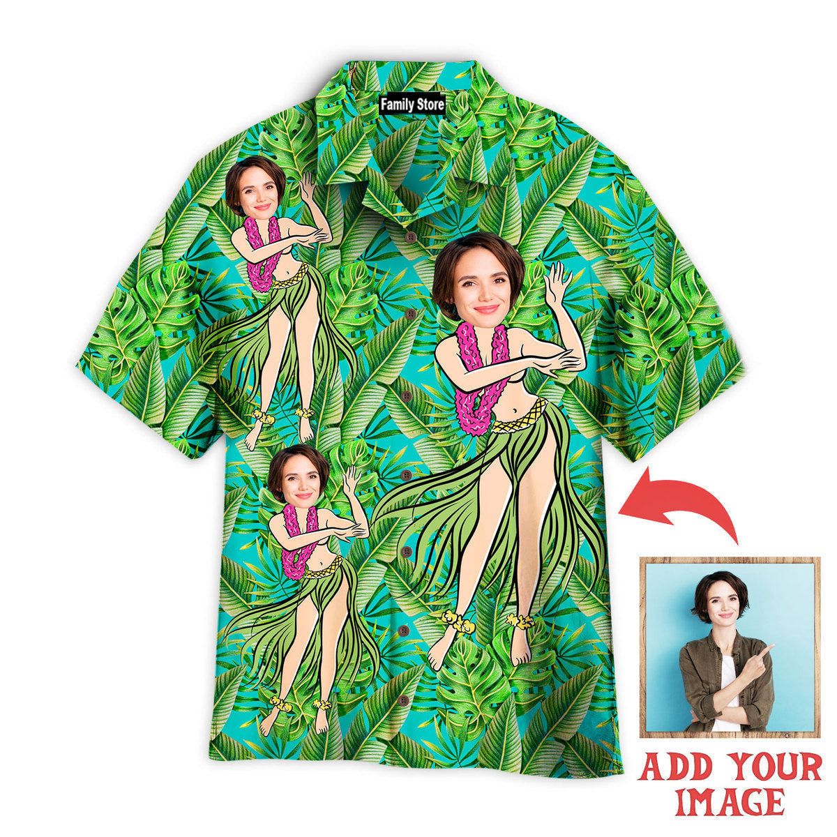Funny Custom Face Hula Girl Green Tropical Custom Hawaiian Shirt