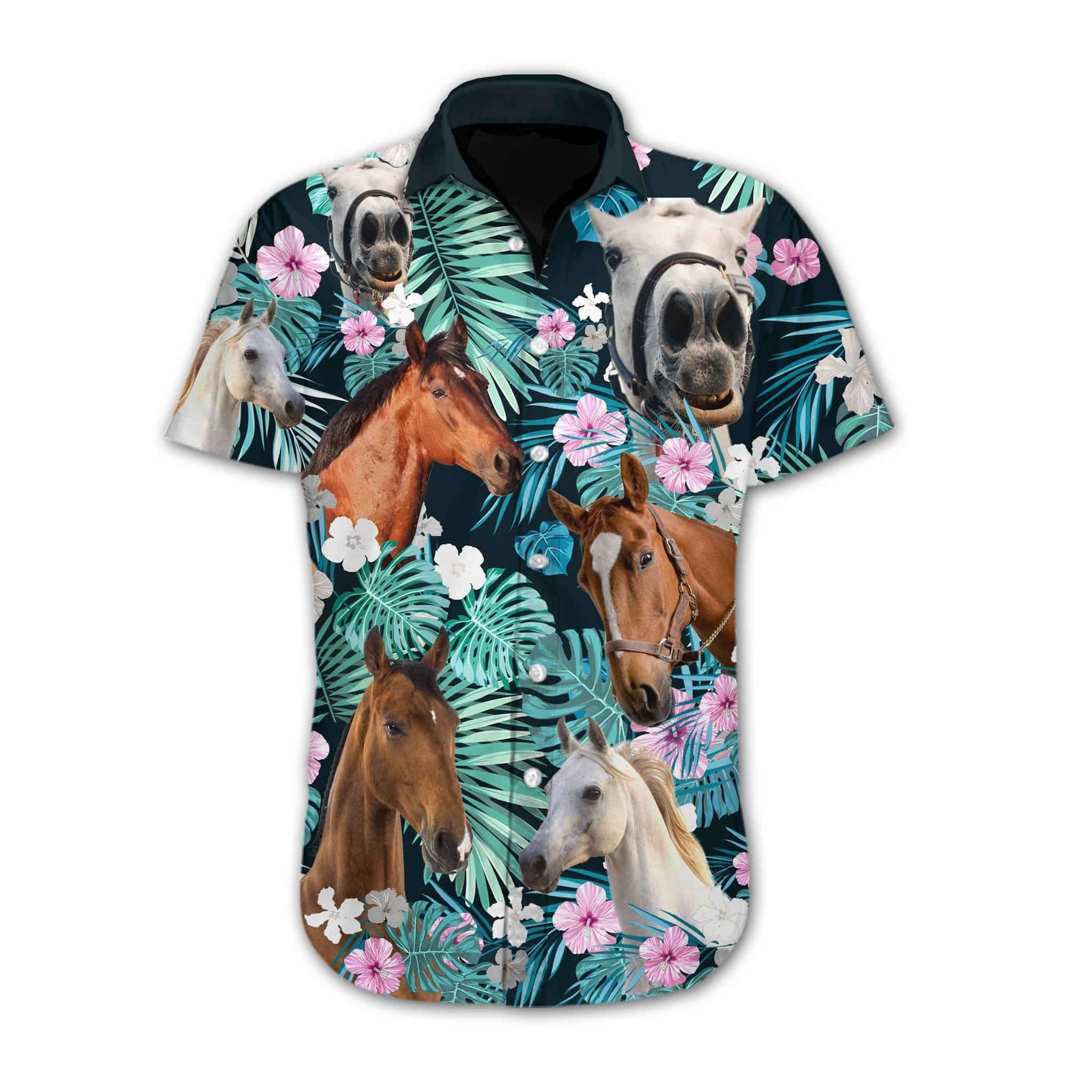 Horse Hawaii Shirt Brown White Horses Tropical Pattern Hawaiian Aloha