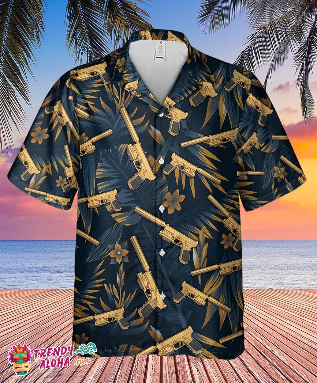 Premium Gold Guns Tropical Short Hawaiian Shirt for Gun Fans Trendy Aloha