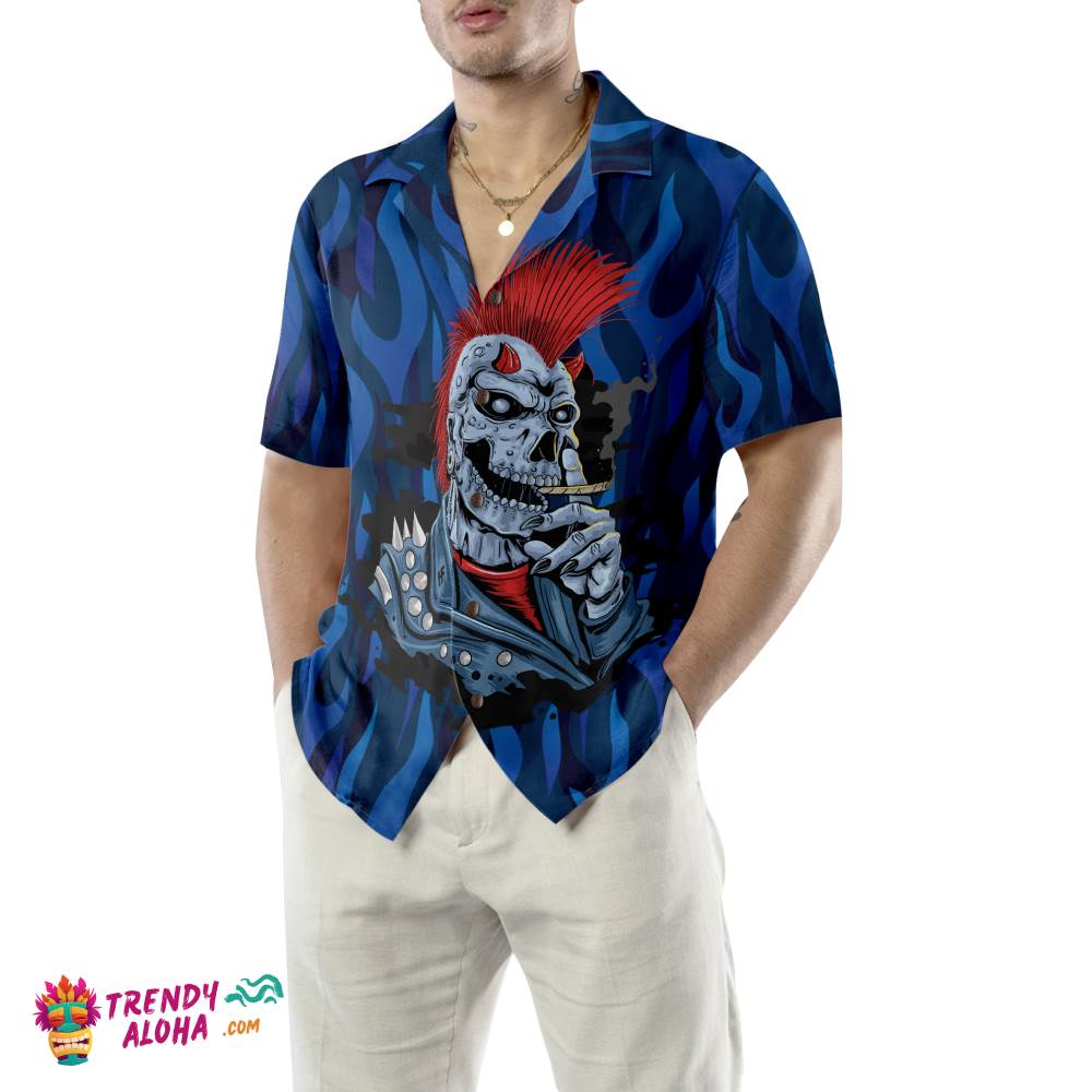 Punk Rock Skull Electric Guitar Hawaiian Shirt, Blue Flame Pattern