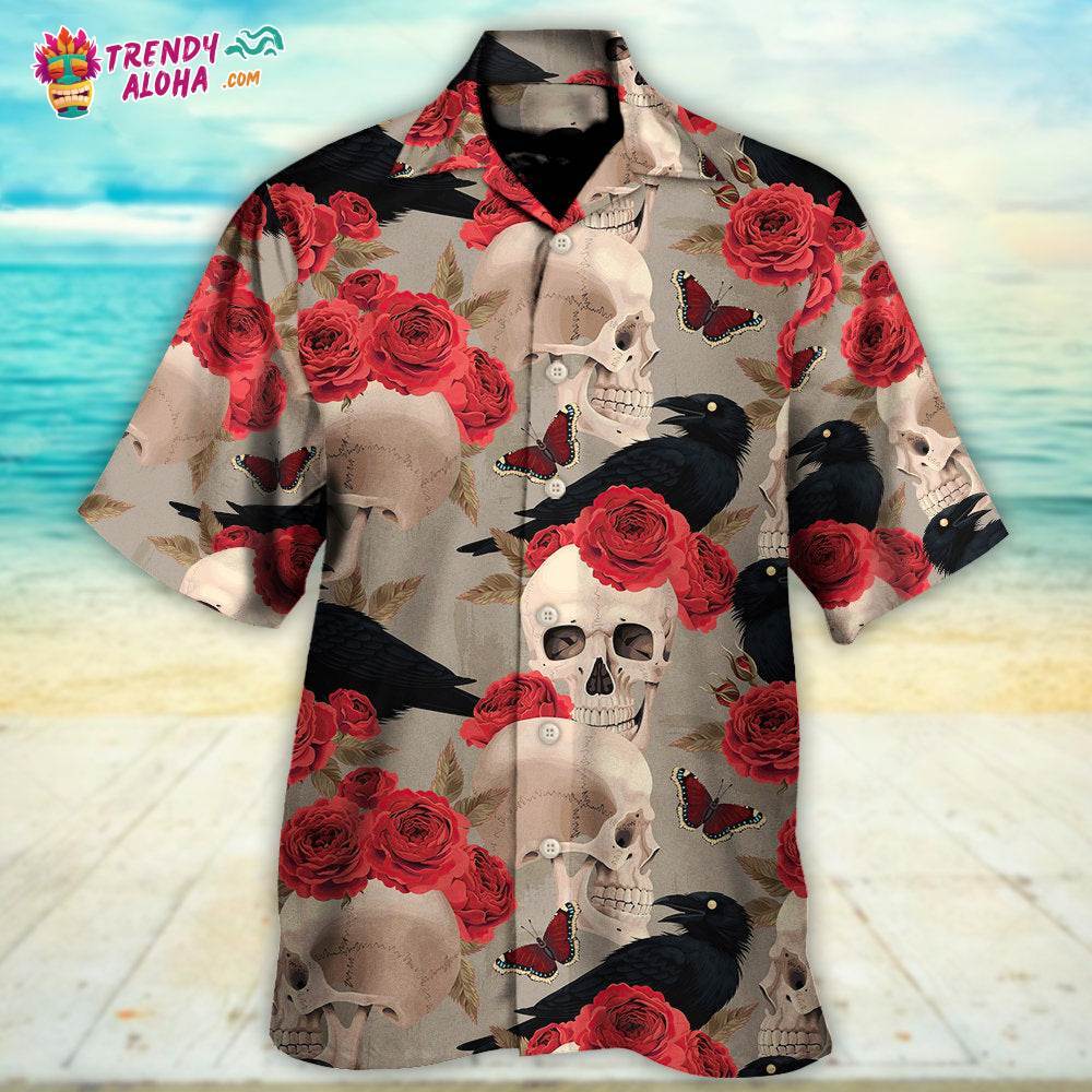 Men's Grim Reaper Skull Hawaiian Shirt - Short Sleeve Aloha Beach Shirt, Colorful Floral Print, XX-Large